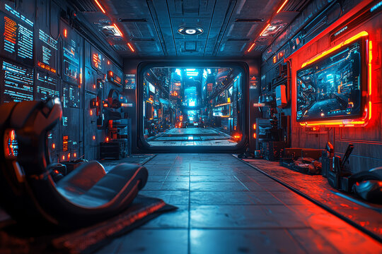 A futuristic VR gaming setup with motion controllers and a large screen displaying an interactive, immersive environment. Concept of advanced gaming technology. - Powered by Adobe