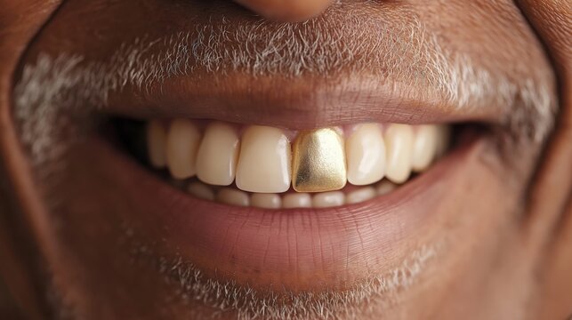 CloseUp of Elderly Man's Mouth with Gold Tooth, Illustrating Dental Diversity and Aging