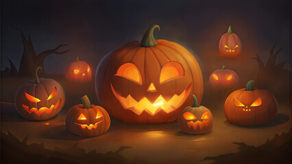 Cheerful pumpkin patch with smiling jack-o'-lanterns, glowing warmly in a Halloween-themed setting