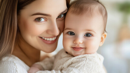portrait of young smiling mother with her baby