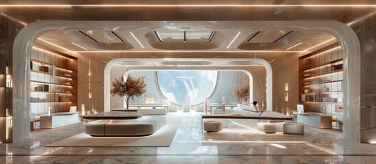 Breathtaking hotel lobby interior with a modern minimalist design featuring high ceilings large windows overlooking a beautiful landscape a marble reception desk