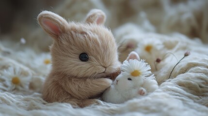 Cute plush animals snuggling on a soft, flower-adorned blanket.