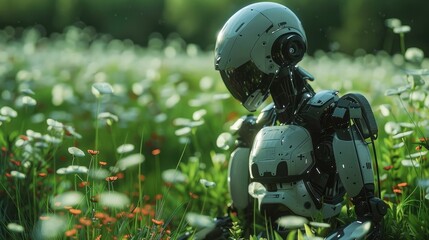 Robotic humanoid cyborg exploring lush green floral meadow in serene natural environment blending advanced technology with organic growth in futuristic environmental harmony