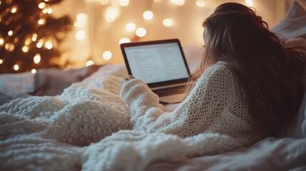 Happy New Year's Eve and Merry Christmas. Woman at home with a cozy white winter jumper, working on her laptop, watching movies