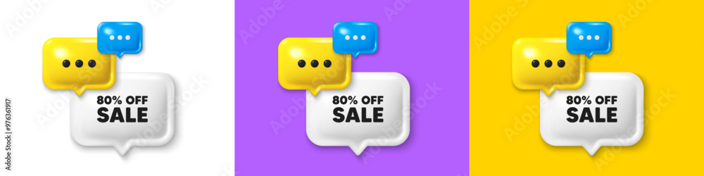 Wall mural Chat speech bubble 3d icons. Sale 80 percent off discount. Promotion price offer sign. Retail badge symbol. Sale chat text box. Speech bubble banner. Offer box balloon. Vector