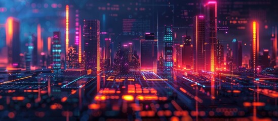 Futuristic illuminated urban skyline with modern skyscrapers and vibrant neon lights  Concept of smart city technology innovation and digital economy
