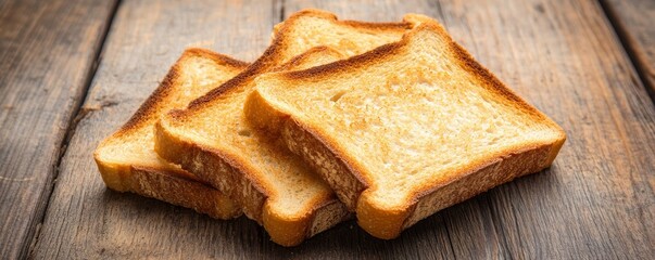 Slices of toasted bread on a wooden table, rustic breakfast concept