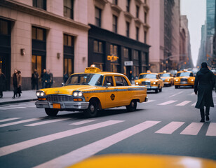 A yellow taxi is driving along the street of New York.