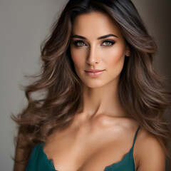 Naklejka premium Elegant Portrait of an Italian Woman with Flowing Hair and Natural Beauty, Showcasing Timeless Style and Grace