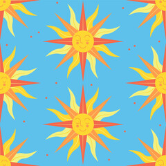 Seamless pattern with sun with human face and straight and wavy rays. Sun of May texture. Spanish Sol de Mayo background