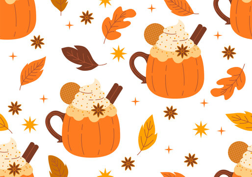 Seamless pattern with Pumpkin Spice Latte. Autumn coffee background. Ice honey pumpkin spice latte with whipped cream texture