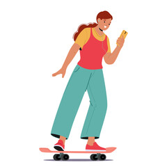 Confident Young Woman Character Balances On Skateboard While Engaging With Her Smartphone, Cartoon Vector Illustration