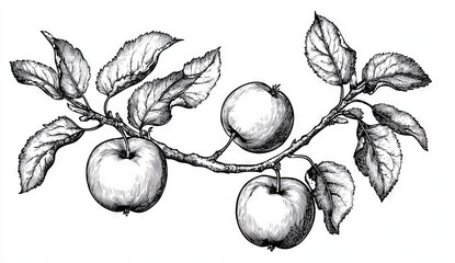 White background with vintage engraving illustration of apple branch.