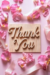 Wooden 'Thank You' sign surrounded by pink rose petals on pink background