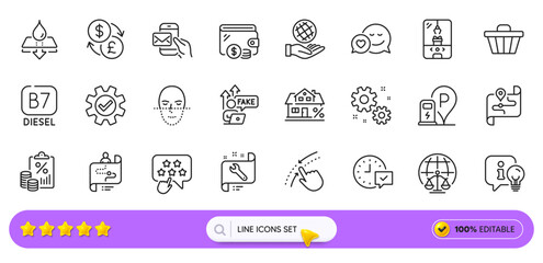 Ranking star, Work and Messenger mail line icons for web app. Pack of Tax document, Swipe up, Diesel pictogram icons. Safe planet, Select alarm, Water resistant signs. Service. Search bar. Vector