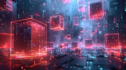 Fototapeta premium Futuristic cityscape in a cyberpunk inspired setting featuring towering neon lit skyscrapers holographic displays and a technologically advanced urban environment with a sense of mystery and futurism