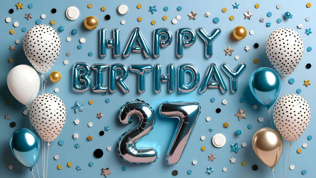 Vibrant 27th Birthday Party with Blue and Gold Balloons, Polka Dots, and Fun Confetti on a Blue Background