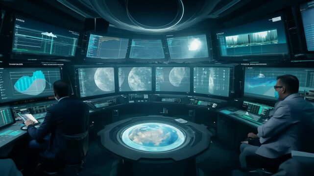 A group of people are sitting in a room in front of computer monitors at a space agency. The room is filled with screens and people are staring intently at them.