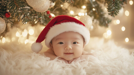 クリスマスツリーの下で眠る新生児