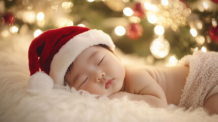 クリスマスツリーの下で眠る新生児