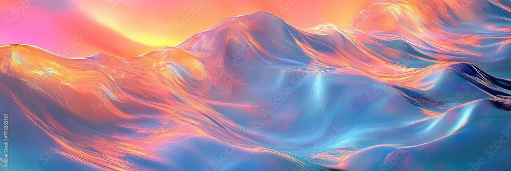 Poster abstract landscape of colorful waves illuminated by a sunset in a digital art creation