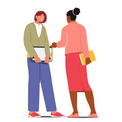 Two Teachers Female Characters Standing Together Engaging in A Friendly Discussion During Break Time Holding Books