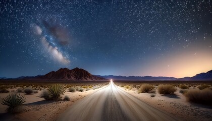 Desert Road Under the Stars - A lonely desert road under a vast, star-filled night sky. Graphic artwork illustration