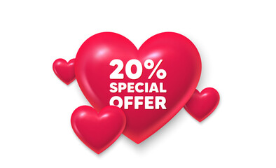 3d hearts love banner. 20 percent discount offer tag. Sale price promo sign. Special offer symbol. Discount message. Banner with 3d heart icon. Love Valentin template. Vector