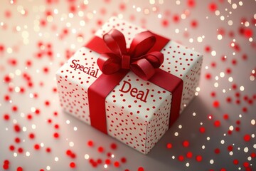 Obraz premium Wrapped gift box with red bow, surrounded by sparkling lights and confetti