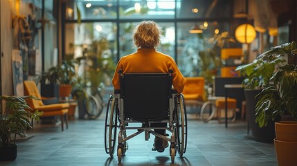 Obraz premium A woman in a wheelchair enjoys a vibrant cafe atmosphere filled with greenery and natural light