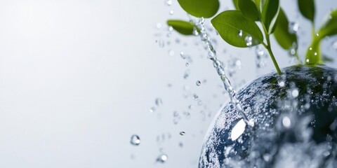An abstract image showing a green plant with water droplets on the surface of a globe, symbolizing growth, sustainability, and environmental conservation.