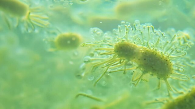 A bunch of green bacteria are floating in a green liquid. The bacteria are small and have long, thin tails