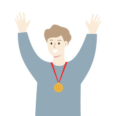 Happy boy champion awarded with gold medal prize. Man wins competition. Goal achievement, success, celebration, victory concept. Flat vector character design illustration.