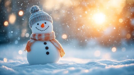 A cheerful snowman with a cozy hat and scarf enjoying a winter day in a snowy landscape