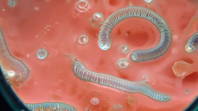 A close up of a pink liquid with many small white creatures in it. The creatures are long and thin, and they are floating in the liquid. Scene is eerie and unsettling