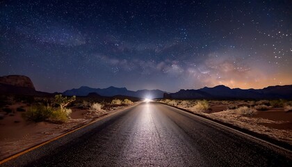 Desert Road Under the Stars Scene - A lonely desert road under a vast, star-filled night sky. Graphic artwork illustration