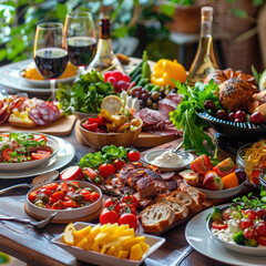 food meal dinner lunch table wine glasses bread cheese vegetables fruits salad meat appetizers party gathering celebration fresh gourmet feast variety healthy spread 