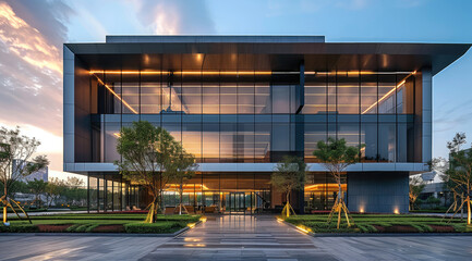 Obraz premium One large office building of Modern architectural facade featuring sleek concrete walls, large glass windows, and a striking geometric roof design. and contemporary lighting. Generative AI.