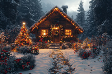 Fototapeta premium A cozy, eco-friendly cabin with solar-powered Christmas lights and a sustainable, handcrafted tree made from recycled materials. Concept of green Christmas celebrations.