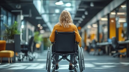 A woman in a wheelchair enjoys a vibrant cafe atmosphere filled with greenery and natural light