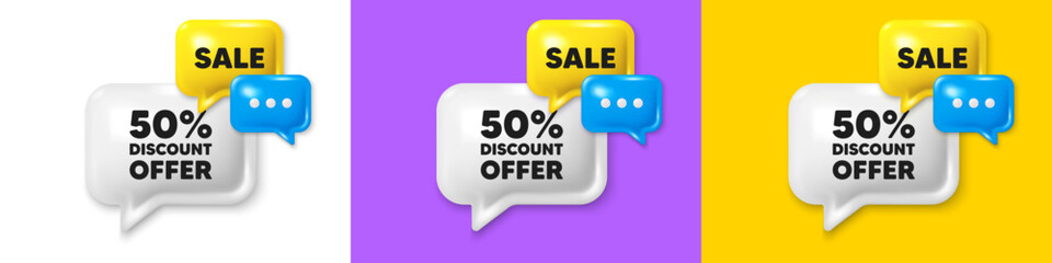 Chat speech bubble 3d icons. 50 percent discount tag. Sale offer price sign. Special offer symbol. Discount chat text box. Speech bubble banner. Offer box balloon. Vector