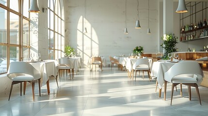 High end restaurant, minimalist style, arrangement of tables and chairs. Generative AI.