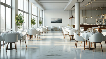 Fototapeta premium High end restaurant, minimalist style, arrangement of tables and chairs. Generative AI.