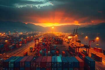A city skyline with a large number of containers stacked up
