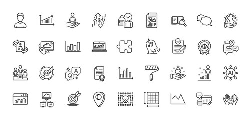 Binary code, Website statistics and Work home line icons pack. AI, Question and Answer, Map pin icons. Messenger, Headshot, Puzzle web icon. Vector