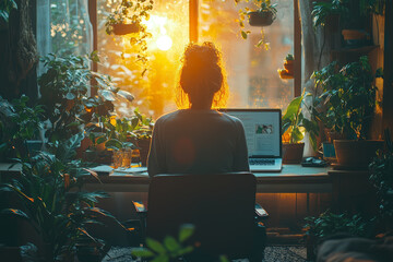A businessperson working from a cozy home office, surrounded by plants and personal touches, showcasing a balanced work-life integration. Concept of remote work and personal space.