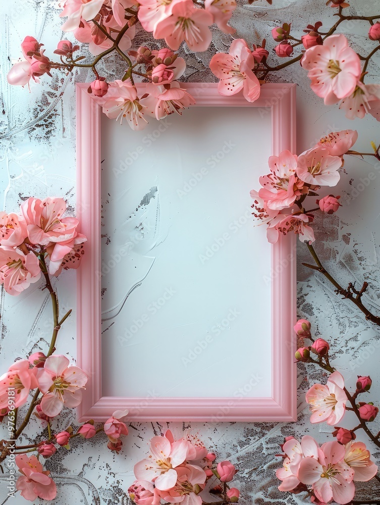 Poster pink photo frame on a white background with small flowers around the edges, flat lay. generative ai.