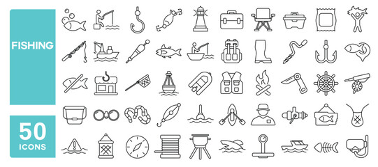 Set of 50 line icons related to fishing, fish, fisherman, boat, lake, net, tackle, hook, ship, catch, float, hunting, rod, tuna, shark, bait, Editable stroke. Vector illustration