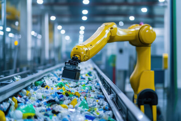 Fototapeta premium Yellow robotic arm sorting plastic waste on a conveyor belt in a recycling plant, automation and waste management technology