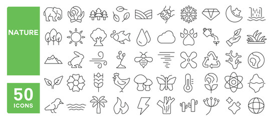 Set of 50 line icons related to nature, landscape, trees, mountain, plants, river, ocean, sky, sun, cloud, green, fresh air, leaf, animals, earth, globe, flowers, Editable stroke. Vector illustration